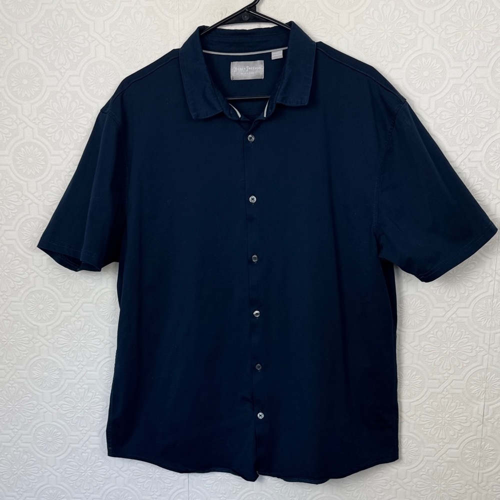 Hickey Freeman New York Short Sleeve‎ Button Front Polo Shirt Navy Men’s XL